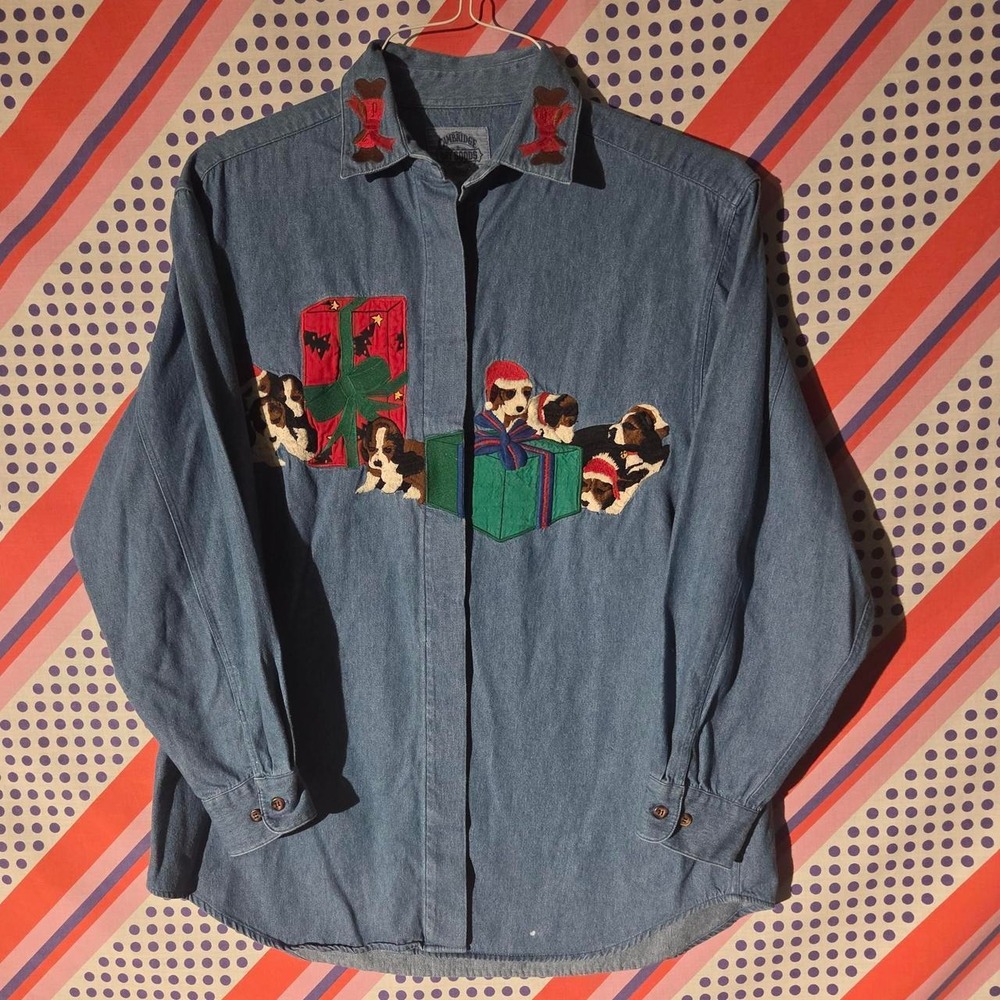Cambridge Dry Goods Vintage 80s Christmas Puppy Dog Denim Button Up Shirt 8
